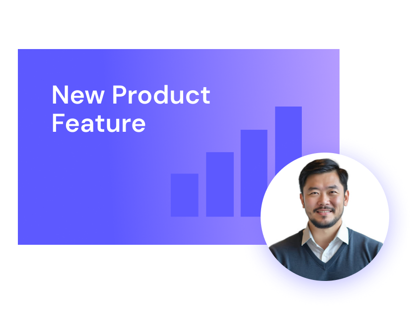 A presentation slide titled "New Product Feature" with a bar chart graphic and a small photo of a smiling man in business attire, featuring ai avatars.