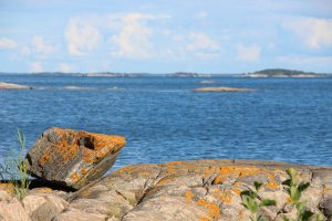 Cliffs in the archipelago of Åland with stones coverd in lichen in the front and the sea (blurred) in the back
