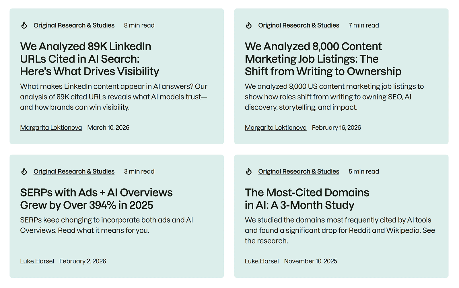 Semrush original research cards highlighting studies on AI visibility, cited domains, LinkedIn URLs, and content trends