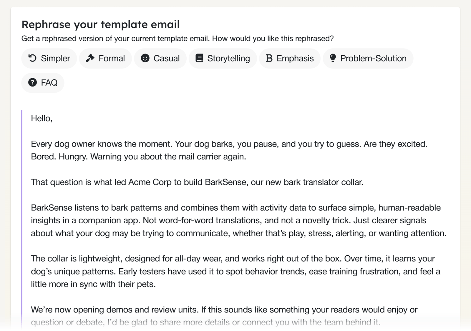 PitchFriendly AI rephrasing tool offering a rewritten outreach email with tone options like casual, formal, or storytelling.