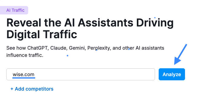 Domain and "Analyze" button highlighted in AI Traffic report