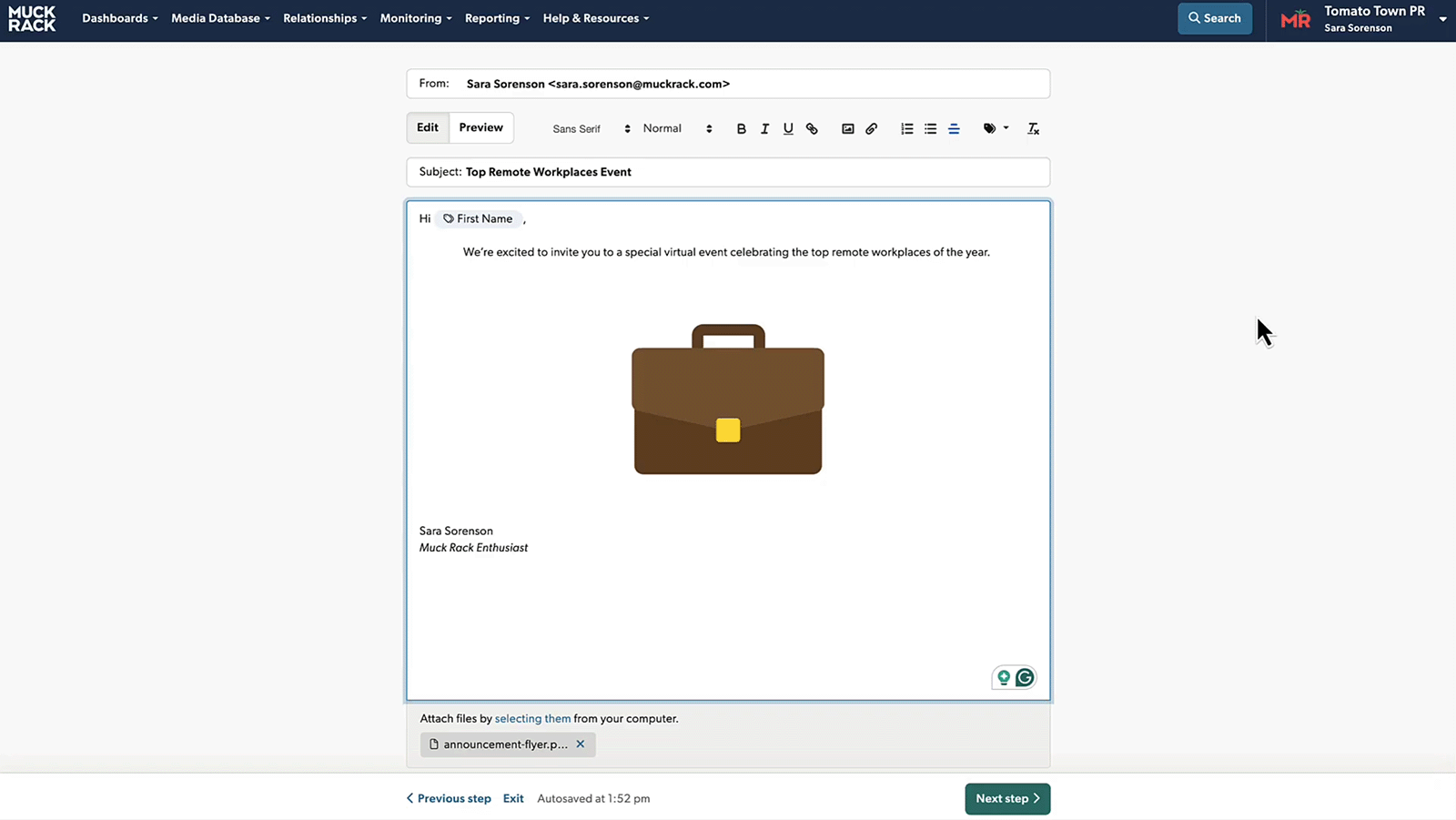 Draft outreach email in Muck Rack with subject line, message body, and attachment preview.