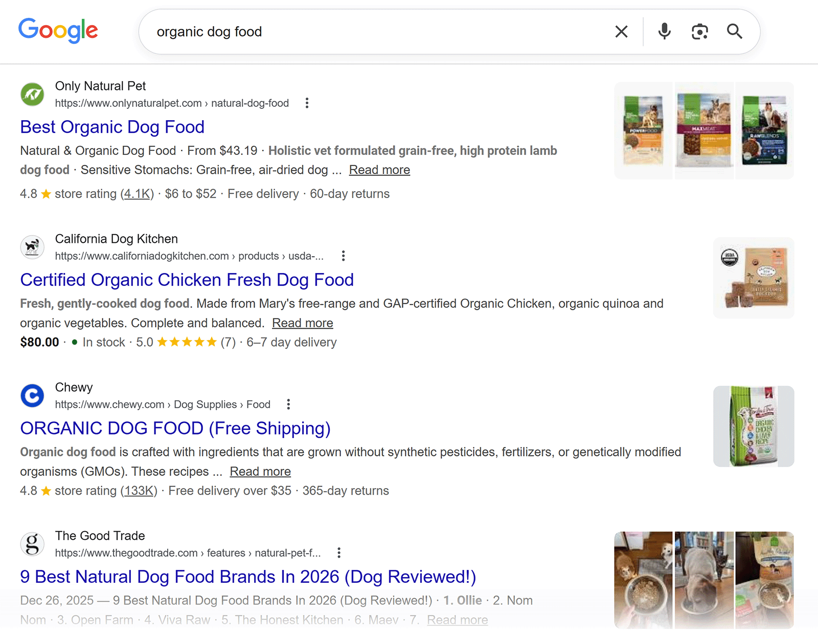 Google search results page for “organic dog food” showing product listings, ads, and organic results from pet food brands