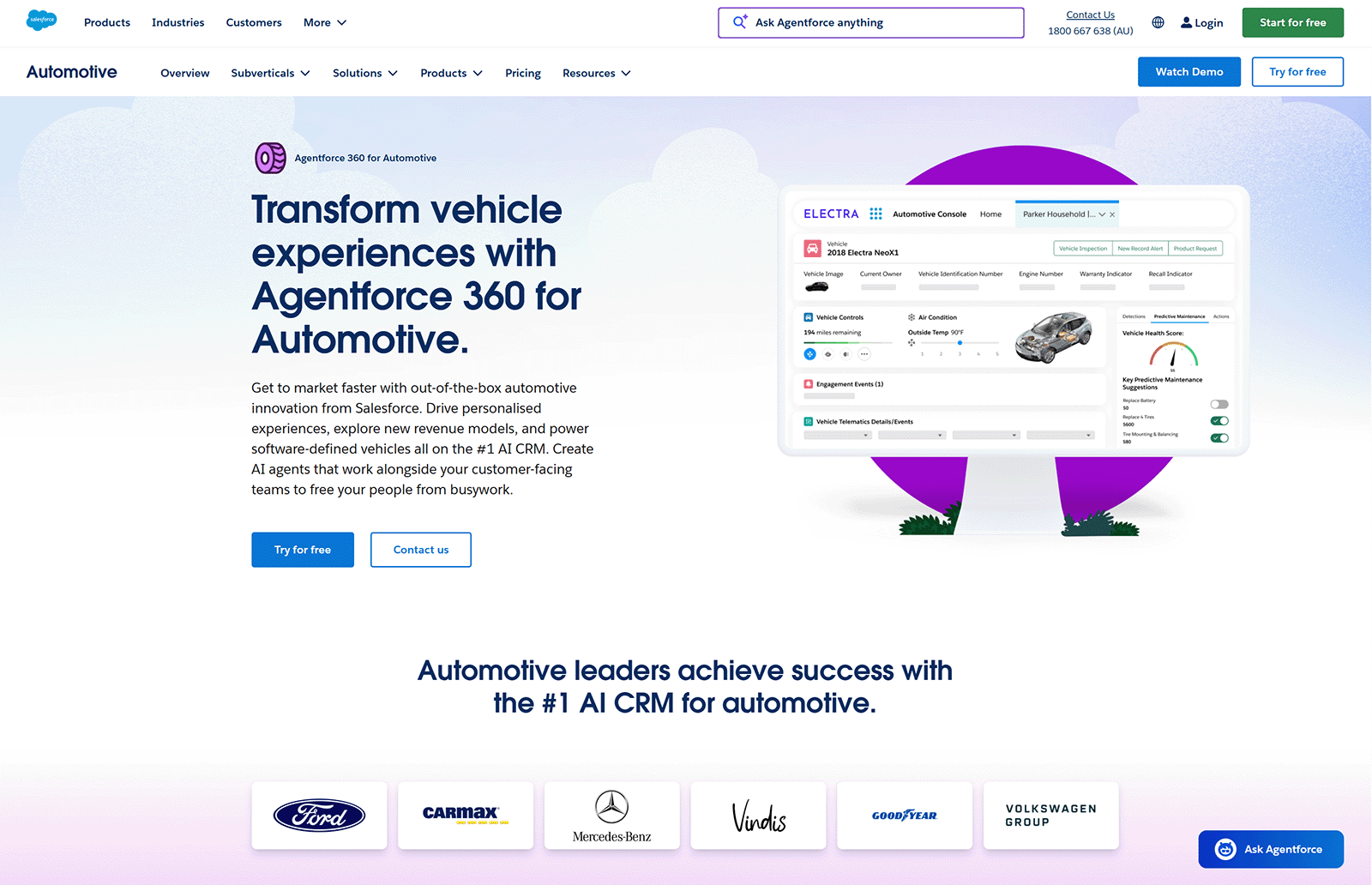 Salesforce Automotive page promoting Agentforce 360 with dashboard UI and automotive brand logos