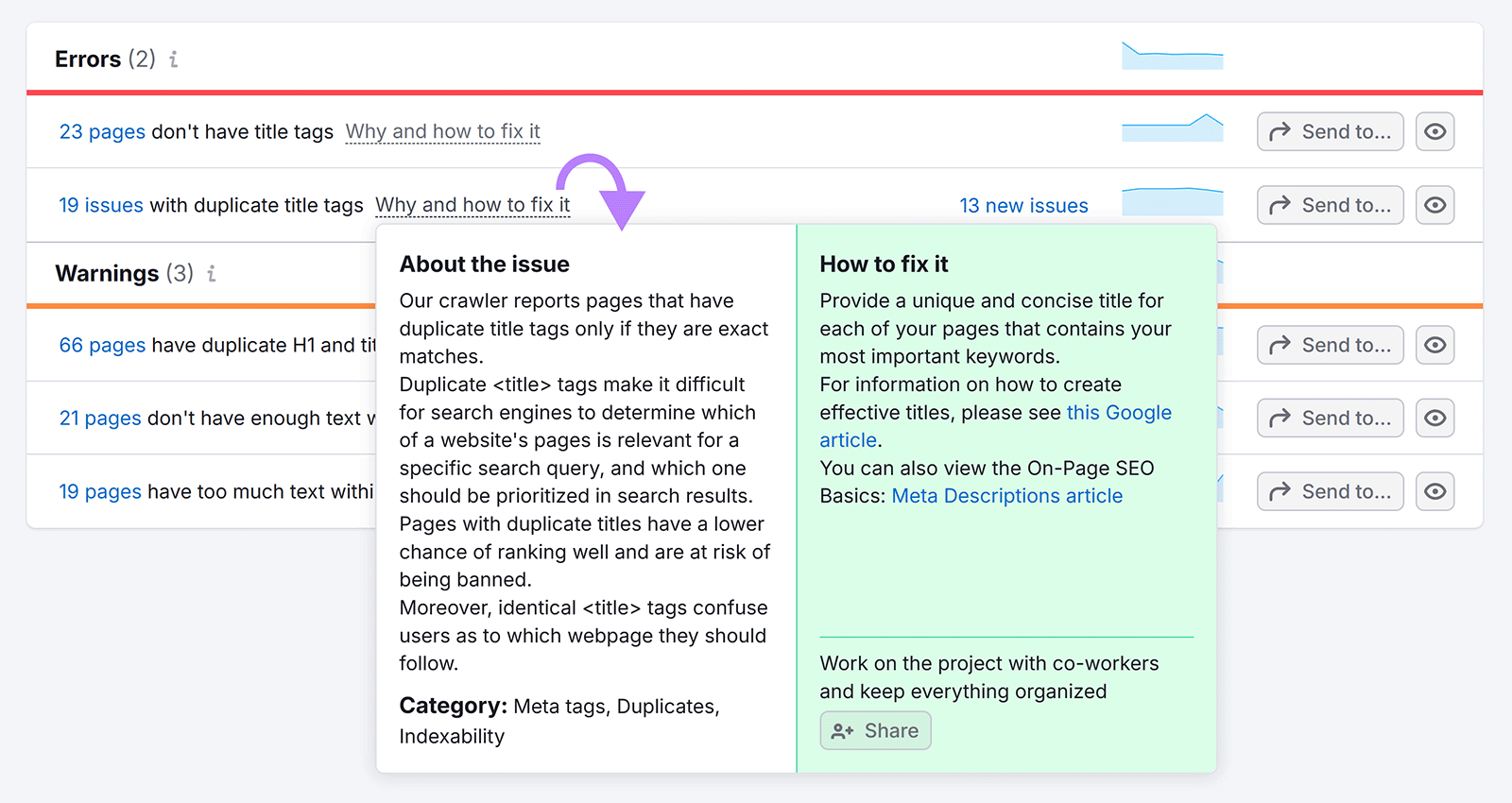 Popup explaining duplicate title tag issues and how to fix them with unique titles.