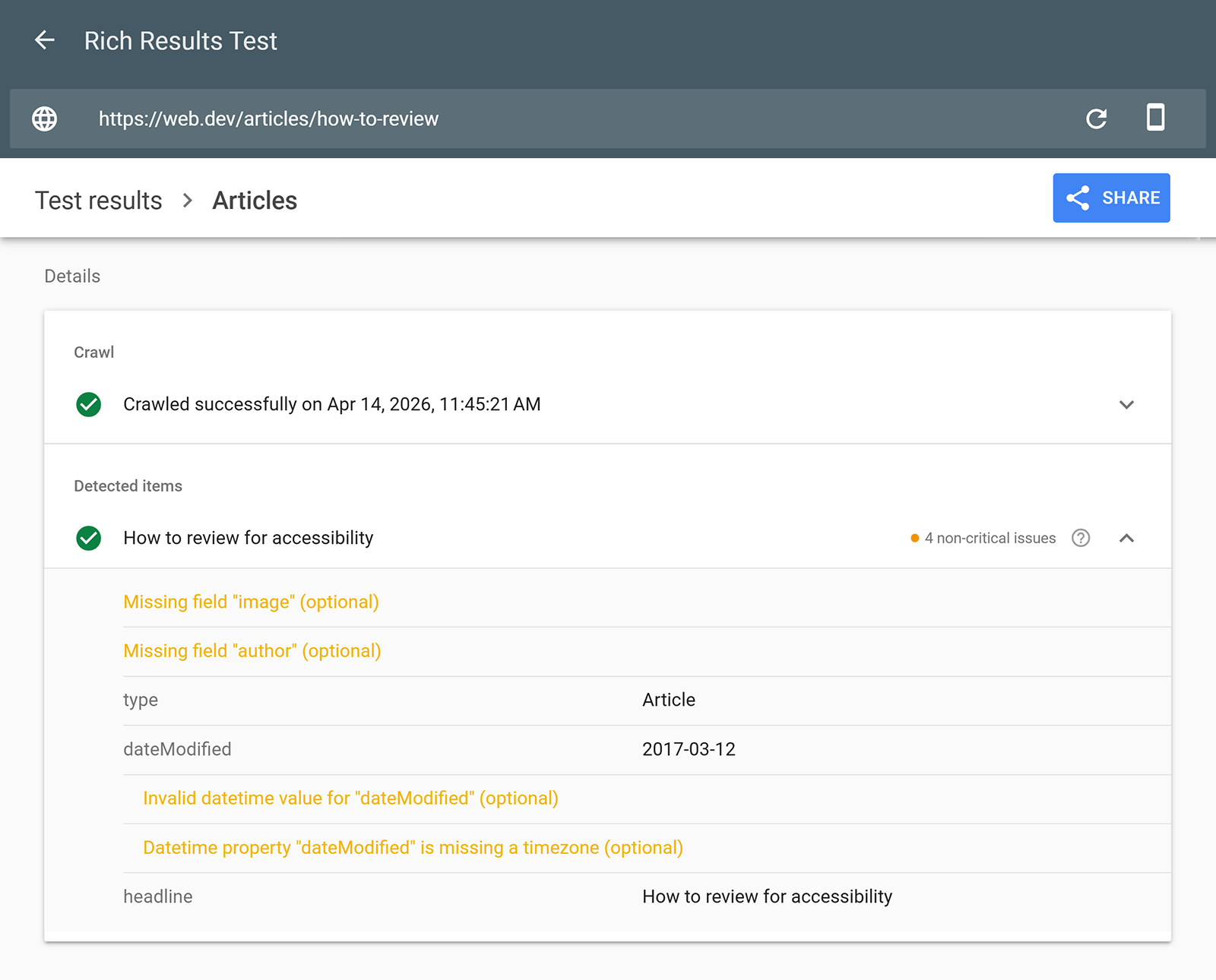 Google Rich Results Test showing article schema issues like missing fields and invalid date