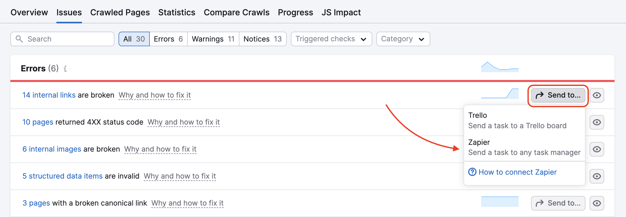 Site Audit issues report showing how to send a task to Zapier. Click the Send to button and select Zapier.